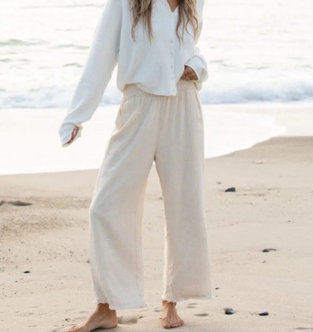 Solai Luca Lined Linen Pants Easy Fit Smocked Waist Raw Hem Oatmeal Sz XS (V4